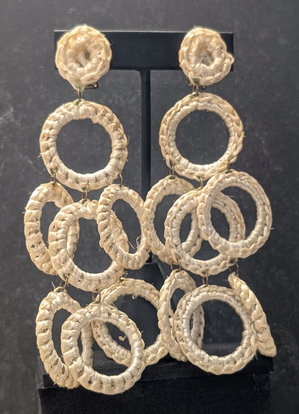 Vintage Clip On Earrings Extra Long 5 & 1/8" Cream Dangle Statement Earrings